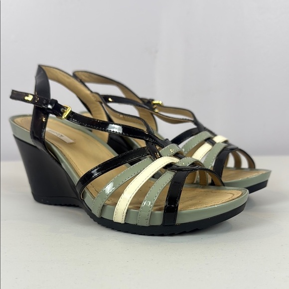 Vintage Geox Respira Roxy Black & Cream Wedge Shoes with Strappy Design 3” Heels - Picture 2 of 11